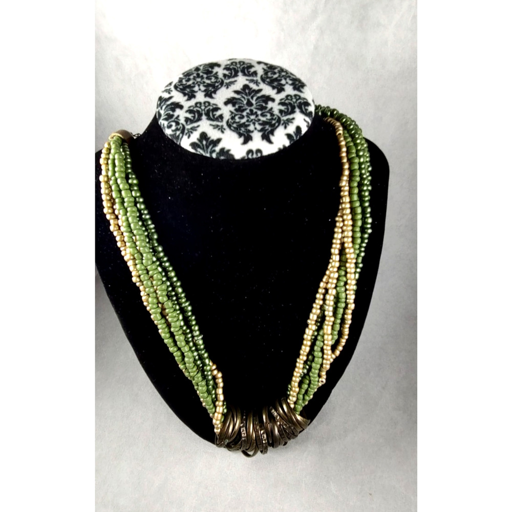 Statement Choker Style Necklace 7 Twisted Strands and Several Rings Greens Gold